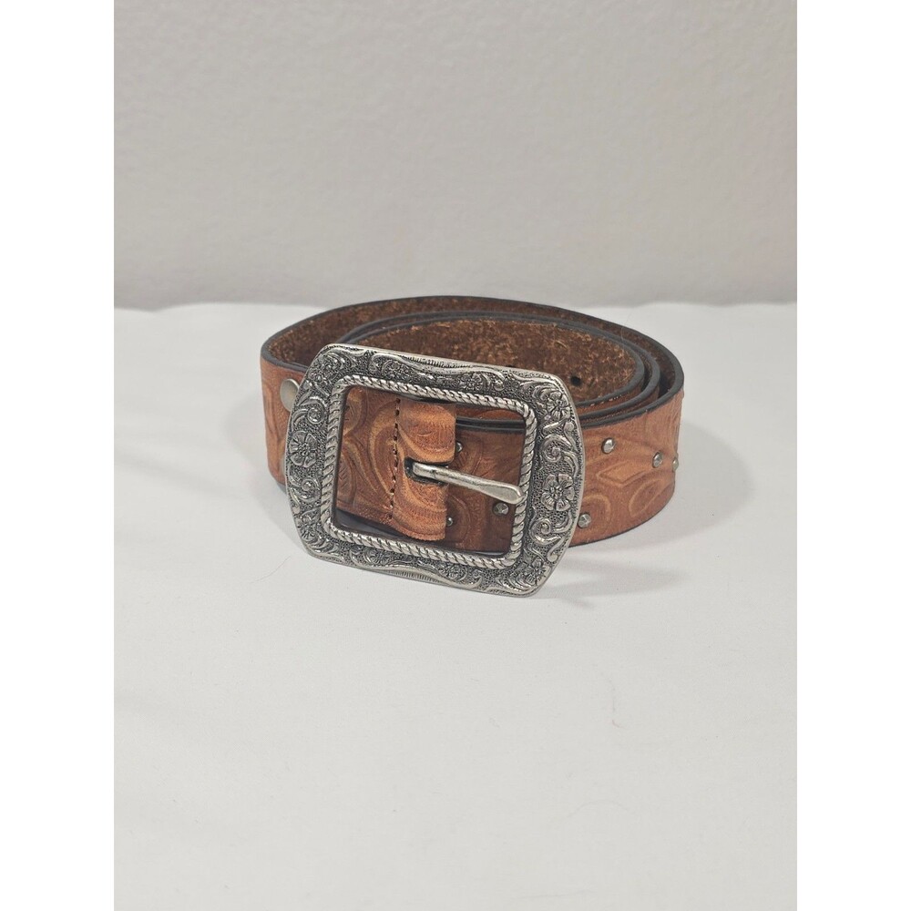 VTG Y2K Fossil Brown Leather Floral Tooled Studded Belt Western Buckle Medium